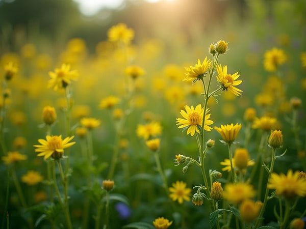 Iperico (Hypericum perforatum, erba di San Giovanni) — campo in fioritura (immagine editoriale ultra-realistica, fal.ai)